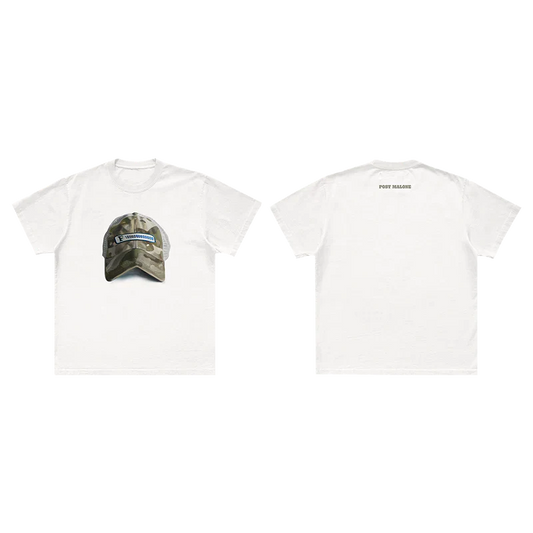 Post Malone Emblem Hat Painting Tee front and back view featuring camo hat artwork on front with minimalist Post Malone logo print on back of white t-shirt design