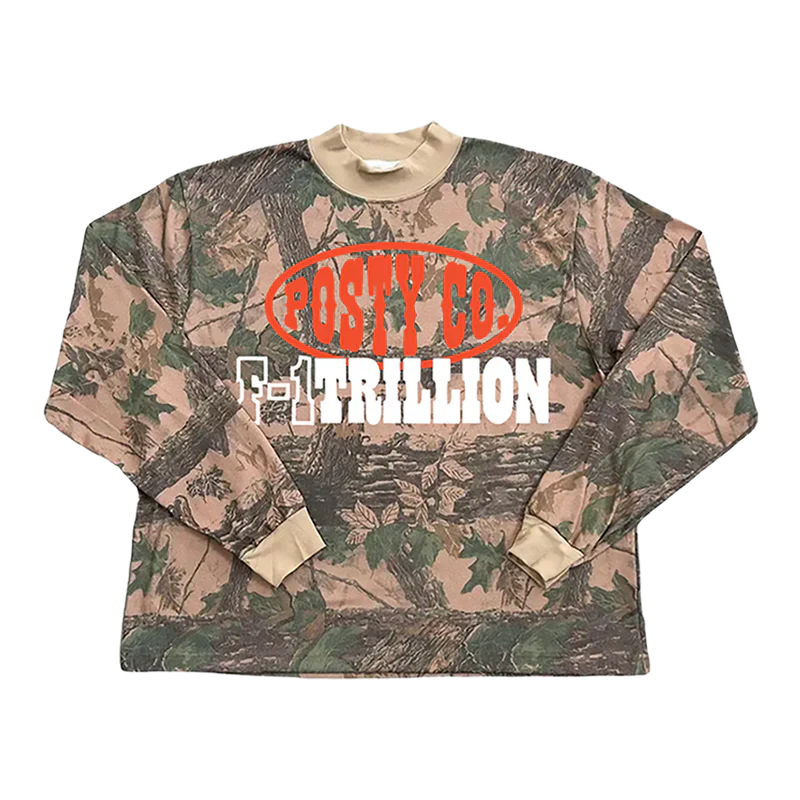 Post Malone F-1 Trillion Camo Long Sleeve front view featuring woodland camouflage pattern with Posty Co and F-1 Trillion graphic artwork on long sleeve shirt