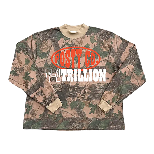 Post Malone F-1 Trillion Camo Long Sleeve front view featuring woodland camouflage pattern with Posty Co and F-1 Trillion graphic artwork on long sleeve shirt