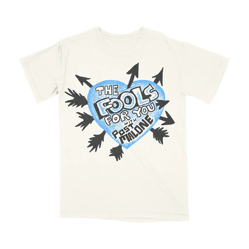 Post Malone F-1 Trillion Heart With Arrows Tee front view featuring The Fools For You heart graphic with arrow artwork inspired by the F-1 Trillion era on white t-shirt