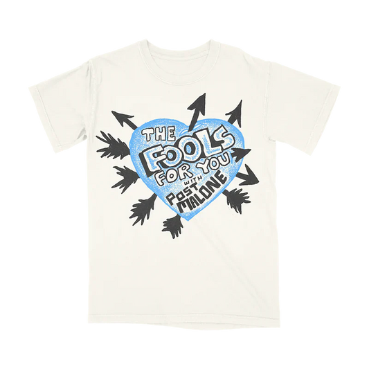 Post Malone F-1 Trillion Heart With Arrows Tee front view featuring The Fools For You heart graphic with arrow artwork inspired by the F-1 Trillion era on white t-shirt