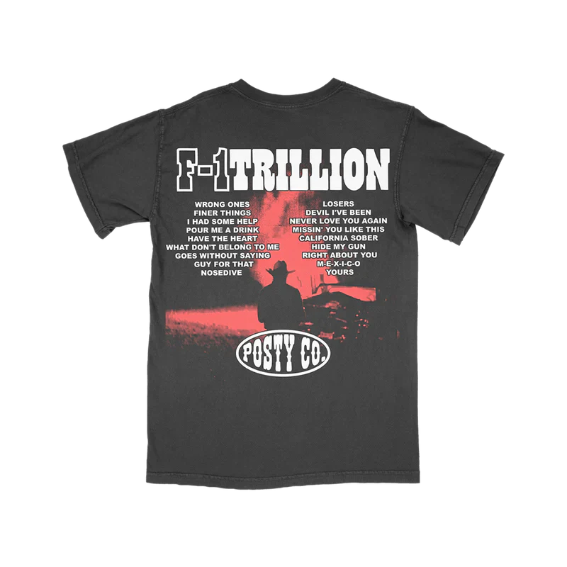Post Malone F-1 Trillion Tracklist T-Shirt back view showcasing complete album tracklist artwork with Posty Co graphic and red western scene print on black tee