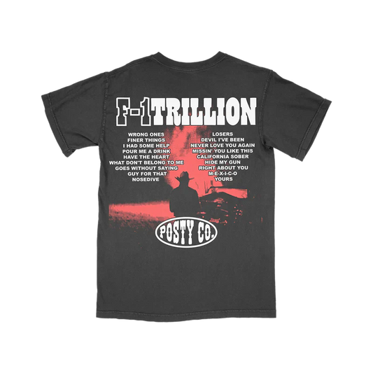Post Malone F-1 Trillion Tracklist T-Shirt back view showcasing complete album tracklist artwork with Posty Co graphic and red western scene print on black tee
