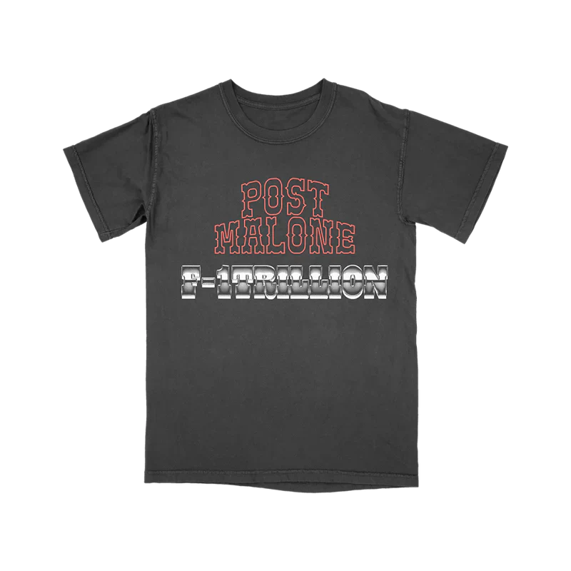 Post Malone F-1 Trillion Tracklist T-Shirt front view featuring western-inspired Post Malone logo and metallic F-1 Trillion album graphic on vintage black tee