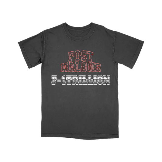 Post Malone F-1 Trillion Tracklist T-Shirt front view featuring western-inspired Post Malone logo and metallic F-1 Trillion album graphic on vintage black tee