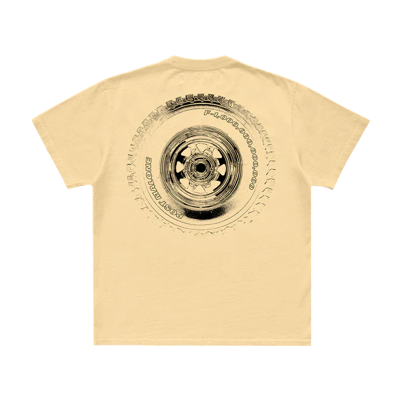Post Malone F-1 Trillion Stacked T Shirt back view in cream featuring large tire graphic with Post Malone and F-1 Trillion details