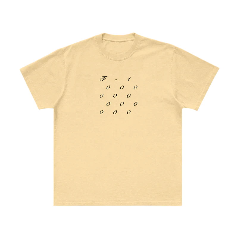 Post Malone F-1 Trillion Stacked T Shirt front view in cream featuring minimalist stacked album typography graphic on the chest