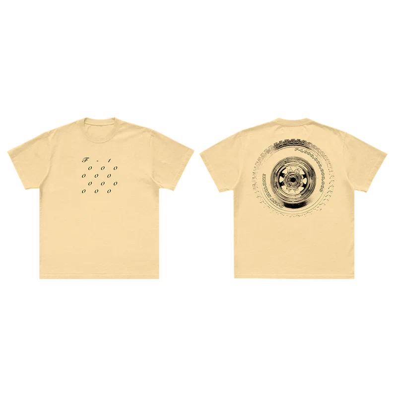 Post Malone F-1 Trillion Stacked T Shirt front and back view in cream showing minimalist front typography and tire graphic back artwork