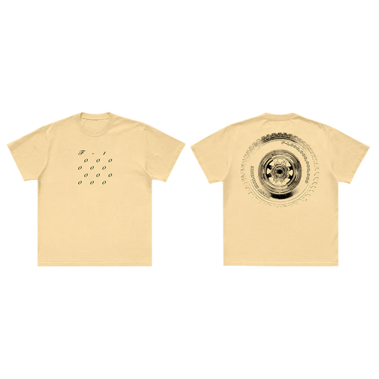 Post Malone F-1 Trillion Stacked T Shirt front and back view in cream showing minimalist front typography and tire graphic back artwork