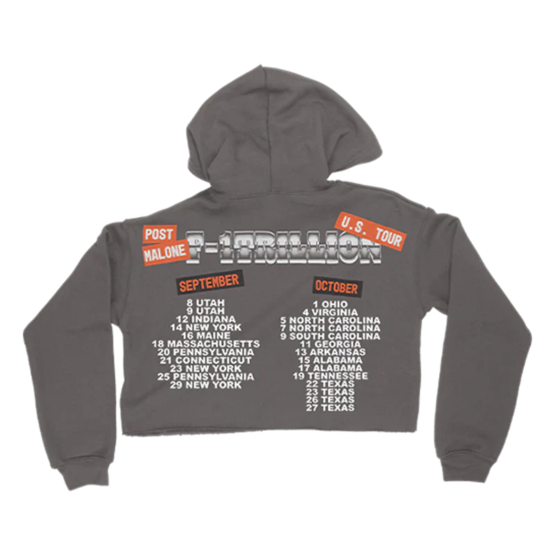 Post Malone F 1 Trillion Tour Crop Hoodie back view featuring U S Tour schedule graphic with September and October tour dates printed on washed grey cropped hoodie