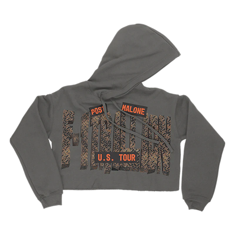 Post Malone F 1 Trillion Tour Crop Hoodie front view featuring oversized F1 Trillion U S Tour graphic with western tire tread inspired lettering on washed grey cropped hoodie