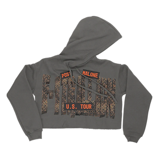 Post Malone F 1 Trillion Tour Crop Hoodie front view featuring oversized F1 Trillion U S Tour graphic with western tire tread inspired lettering on washed grey cropped hoodie