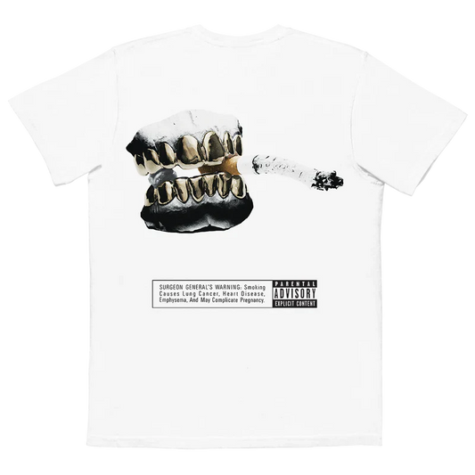 Post Malone Go Flex T shirt back view in white featuring iconic grill graphic artwork and vintage inspired design from the Go Flex collection