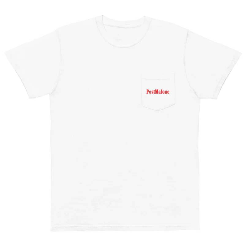 Post Malone Go Flex T shirt front view in white with red Post Malone pocket logo and classic minimalist branding detail