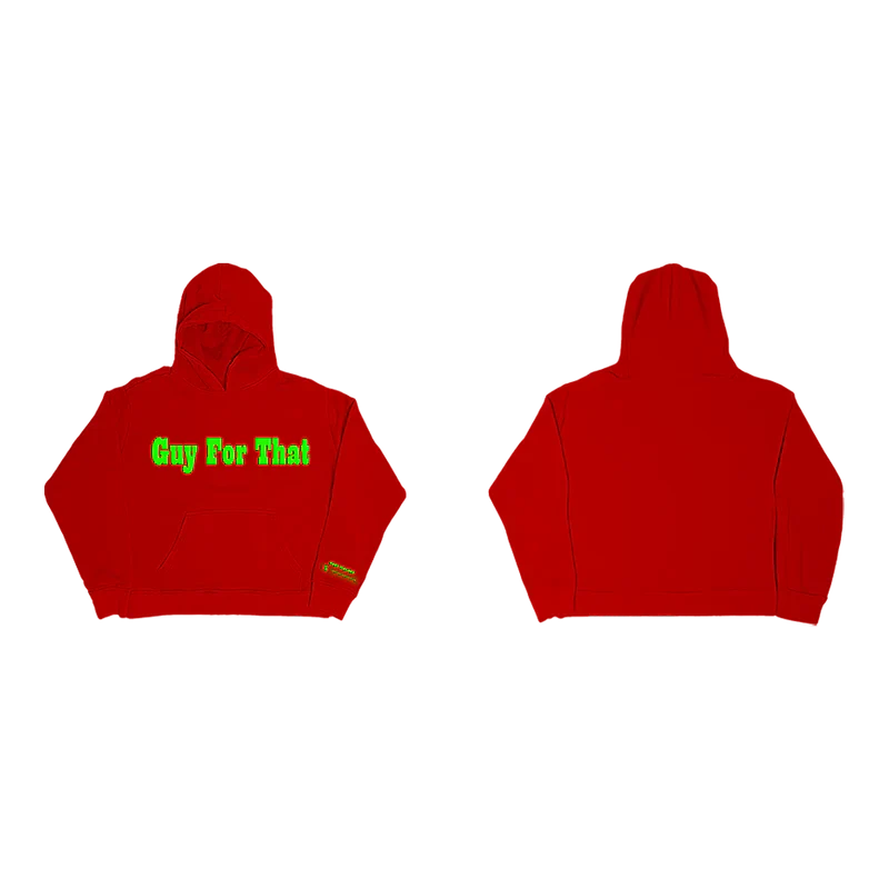 Post Malone Guy For That Hoodie front view featuring bold Guy For That graphic inspired by the F-1 Trillion era on red pullover hoodie