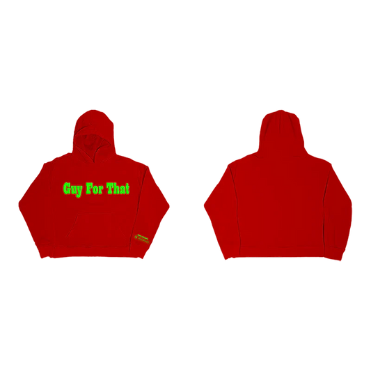 Post Malone Guy For That Hoodie front view featuring bold Guy For That graphic inspired by the F-1 Trillion era on red pullover hoodie