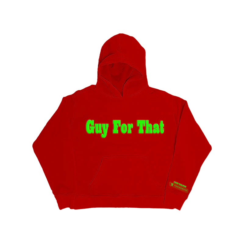 Post Malone Guy For That Hoodie front view featuring bold Guy For That graphic inspired by the F-1 Trillion era on red pullover hoodie