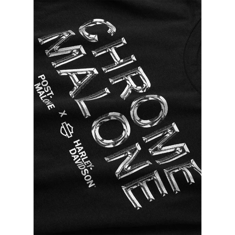 Close-up detail of Post Malone x Harley-Davidson Chrome Malone Tee showcasing chrome effect typography and premium collaboration artwork