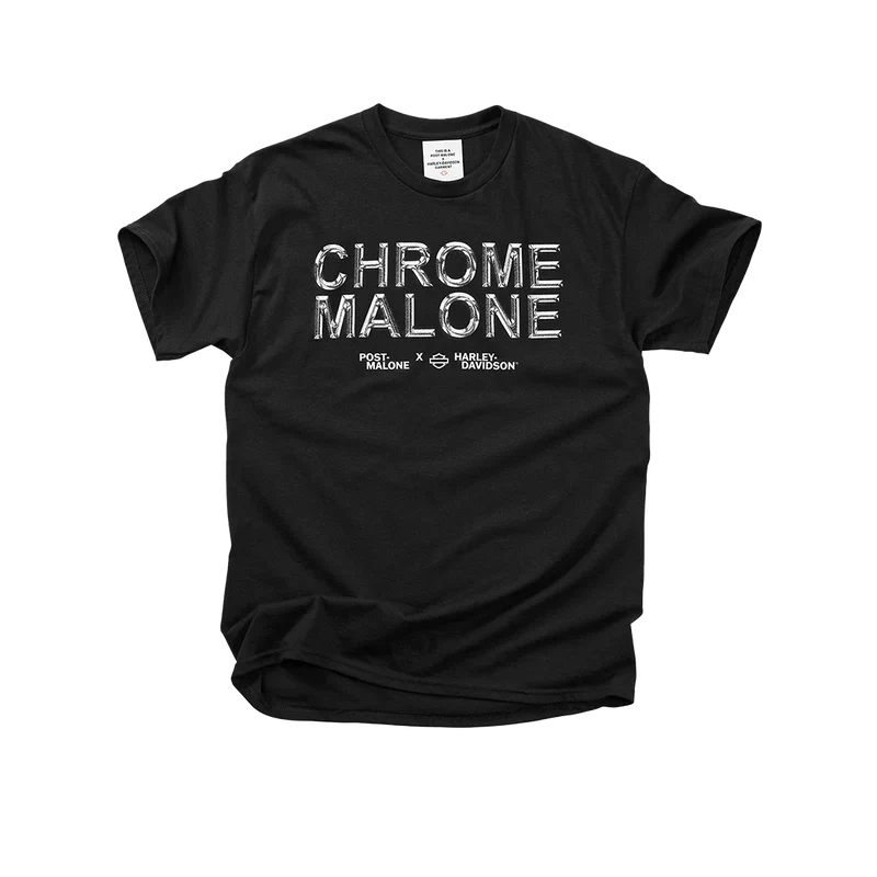 Post Malone x Harley-Davidson Chrome Malone Tee front view featuring metallic chrome lettering graphic and collaboration logo on black t-shirt