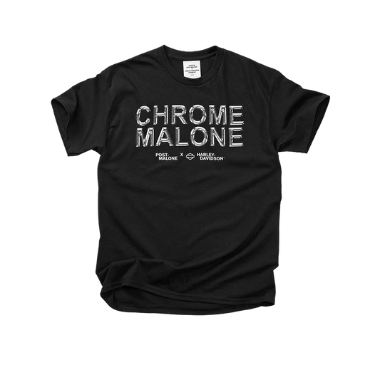 Post Malone x Harley-Davidson Chrome Malone Tee front view featuring metallic chrome lettering graphic and collaboration logo on black t-shirt