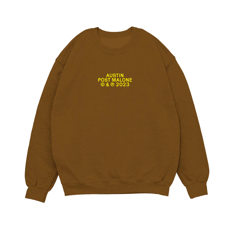 Post Malone Hold My Breath Crewneck back view featuring live performance photo and Hold My Breath graphic artwork on brown crewneck sweatshirt