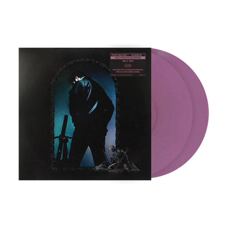 Post Malone Hollywood's Bleeding vinyl 2LP front view featuring album cover artwork with pink double vinyl records displayed beside sleeve for collectors and fans