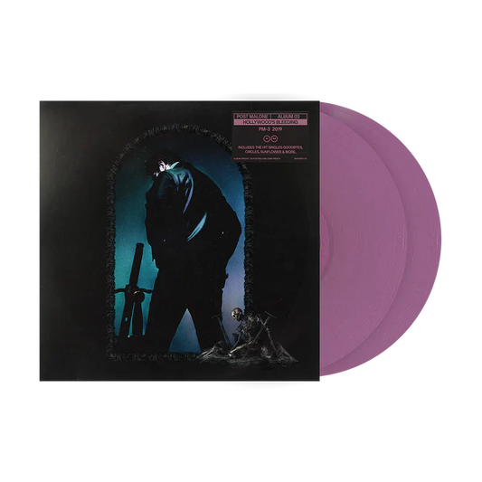 Post Malone Hollywood's Bleeding vinyl 2LP front view featuring album cover artwork with pink double vinyl records displayed beside sleeve for collectors and fans