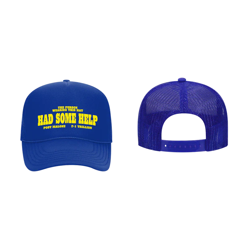Post Malone I Had Some Help Trucker Hat close up front detail showing embroidered yellow lettering inspired by the hit F 1 Trillion single on blue trucker cap