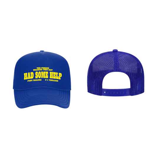 Post Malone I Had Some Help Trucker Hat close up front detail showing embroidered yellow lettering inspired by the hit F 1 Trillion single on blue trucker cap