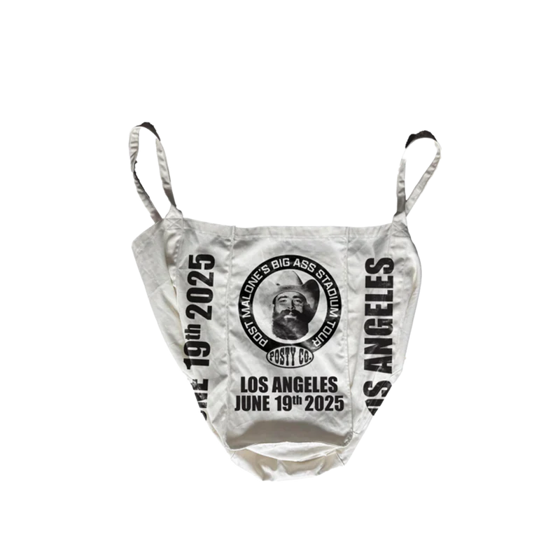Post Malone LA Big Ass Stadium Tour tote bag front view featuring Posty Co. portrait logo and Los Angeles event artwork