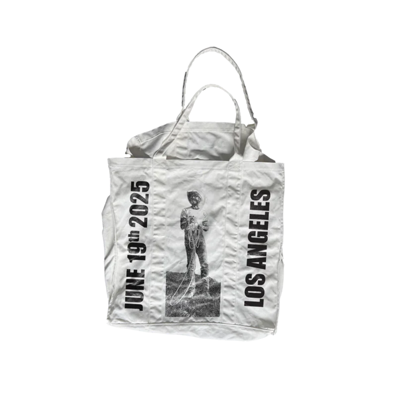 Post Malone LA Big Ass Stadium Tour tote bag back view with cowboy graphic and Los Angeles June 19 2025 print