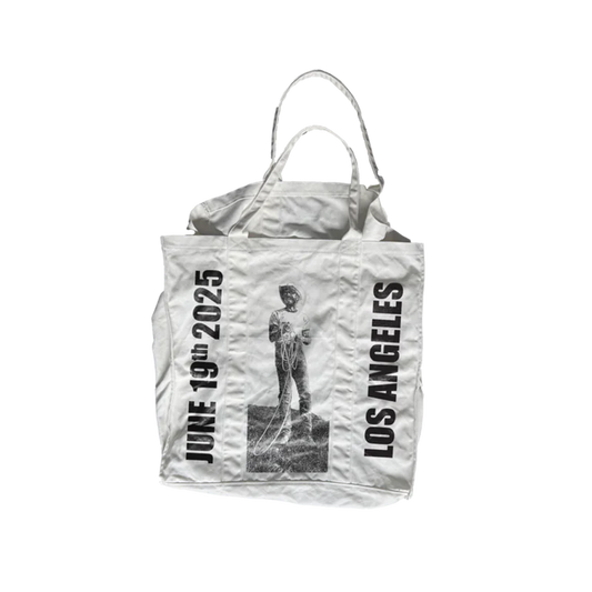 Post Malone LA Big Ass Stadium Tour tote bag back view with cowboy graphic and Los Angeles June 19 2025 print