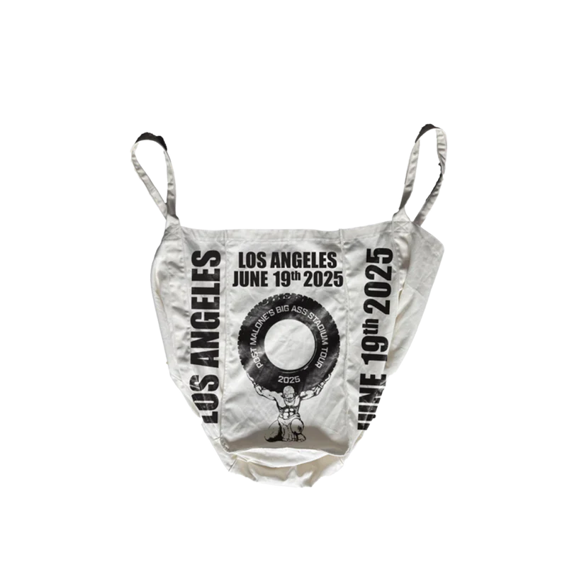 Post Malone LA Big Ass Stadium Tour tote bag front view featuring Los Angeles June 19 2025 tire graphic artwork