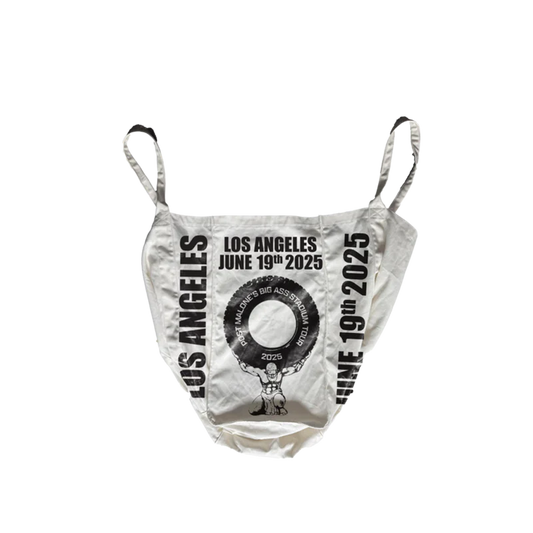 Post Malone LA Big Ass Stadium Tour tote bag front view featuring Los Angeles June 19 2025 tire graphic artwork