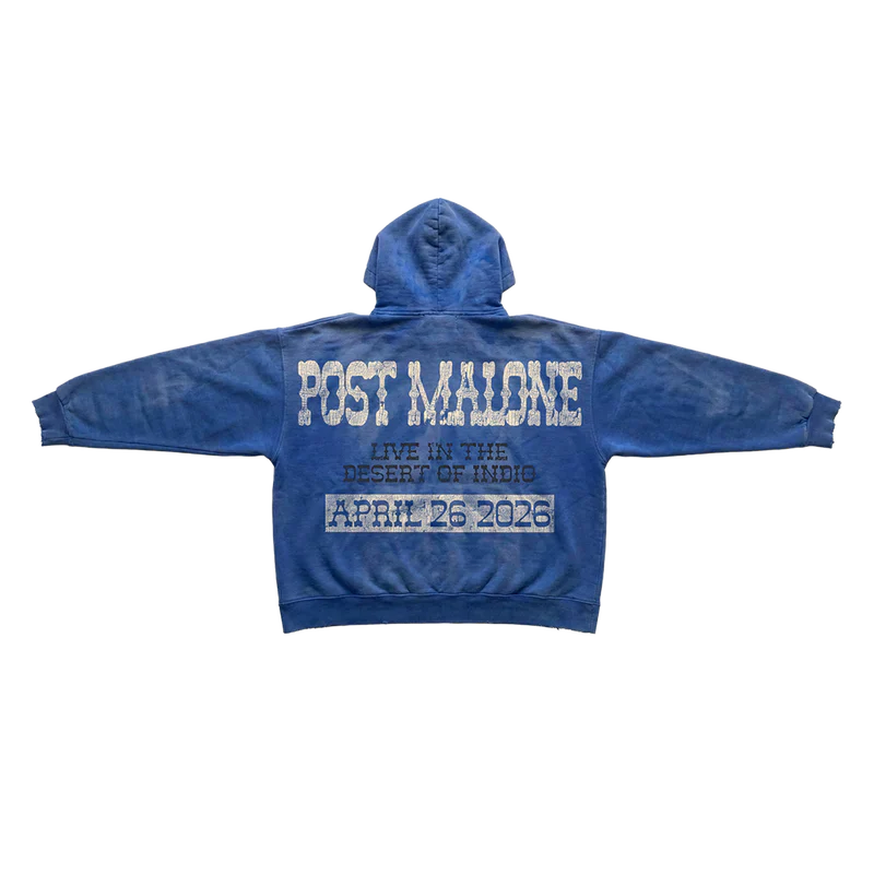 Post Malone Live In The Desert Buckle hoodie back view in blue featuring April 26 2026 event artwork and desert concert graphic print