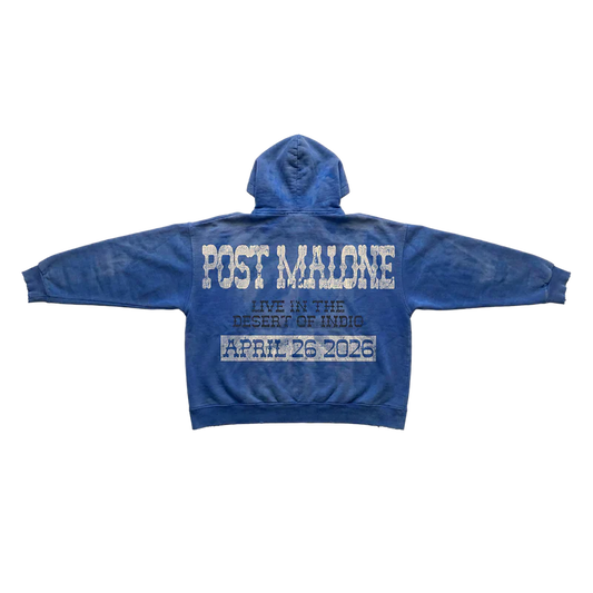 Post Malone Live In The Desert Buckle hoodie back view in blue featuring April 26 2026 event artwork and desert concert graphic print
