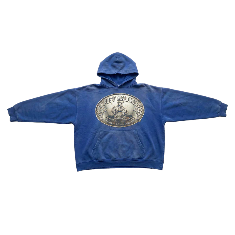 Post Malone Live In The Desert Buckle hoodie front view in blue featuring oversized Indio California western buckle graphic and kangaroo pocket
