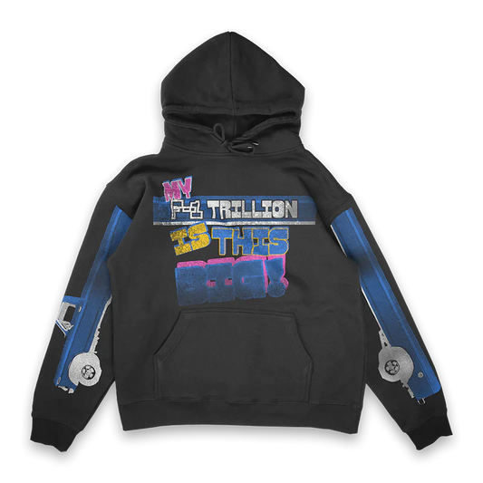 Post Malone My F 1 Trillion Is This Big Hoodie front view featuring bold multicolor F 1 Trillion graphic artwork with racing inspired sleeve prints on black pullover hoodie
