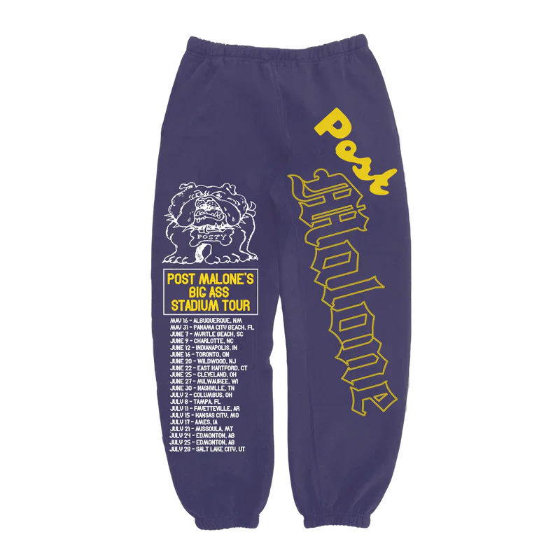 Post Malone Posty Bulldog sweatpants front view in purple featuring Big Ass Stadium Tour graphics and tour date print details