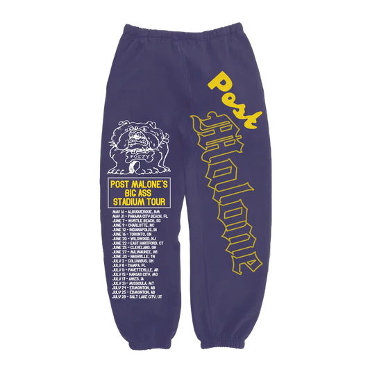 Post Malone Posty Bulldog sweatpants front view in purple featuring Big Ass Stadium Tour graphics and tour date print details