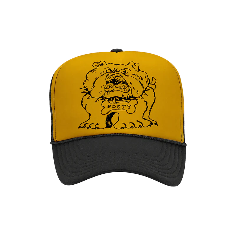 Post Malone Posty Bulldog trucker hat front view in yellow and black featuring bulldog graphic artwork and curved brim design