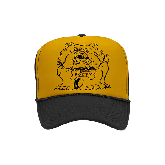 Post Malone Posty Bulldog trucker hat front view in yellow and black featuring bulldog graphic artwork and curved brim design