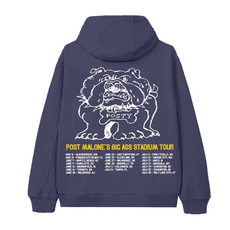 Post Malone Posty Bulldog zip hoodie back view in purple with oversized bulldog artwork and Big Ass Stadium Tour dates print