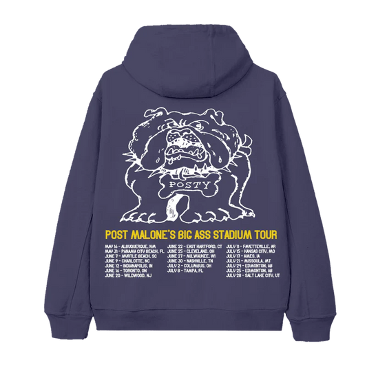 Post Malone Posty Bulldog zip hoodie back view in purple with oversized bulldog artwork and Big Ass Stadium Tour dates print