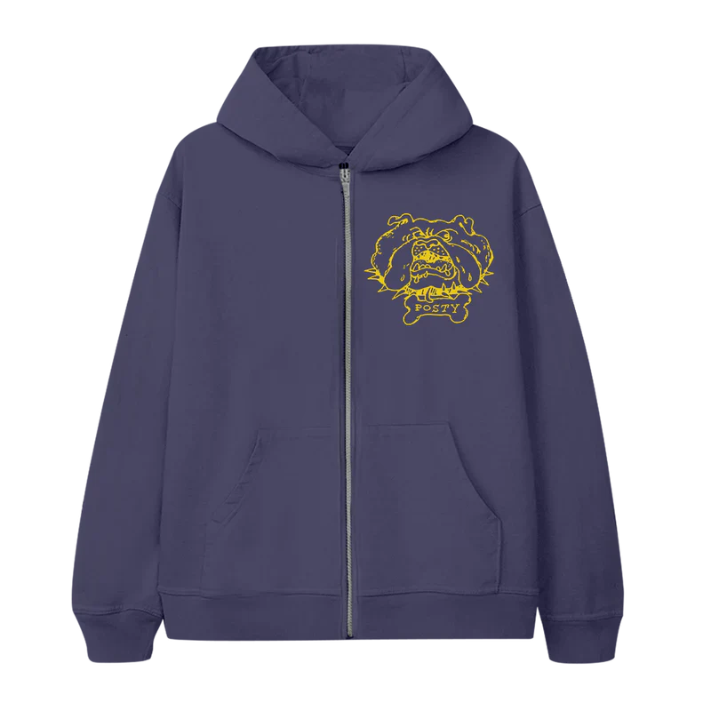 Post Malone Posty Bulldog zip hoodie front view in purple featuring embroidered bulldog chest graphic and full zip design
