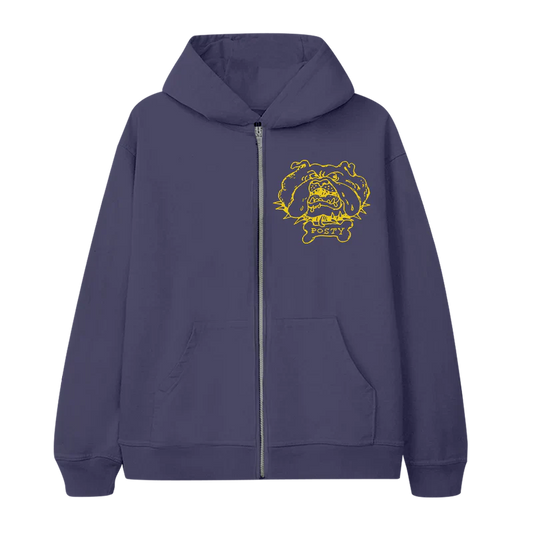 Post Malone Posty Bulldog zip hoodie front view in purple featuring embroidered bulldog chest graphic and full zip design