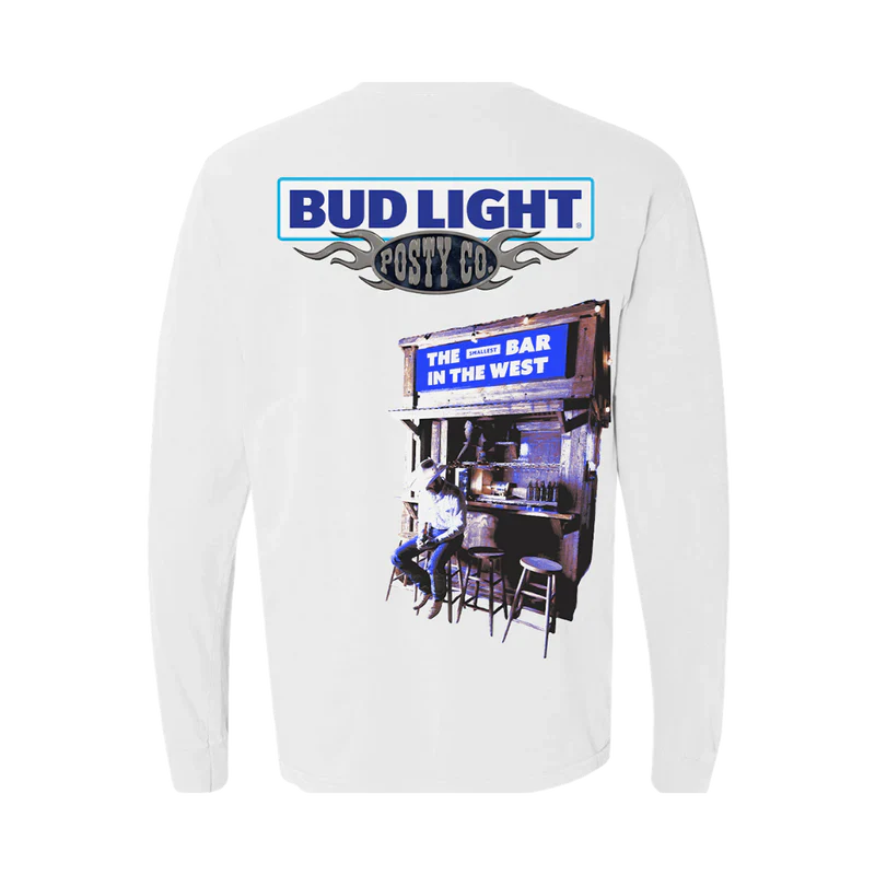 Post Malone Posty Co x Bud Light long sleeve back view in white featuring western bar graphic artwork and collaboration branding print
