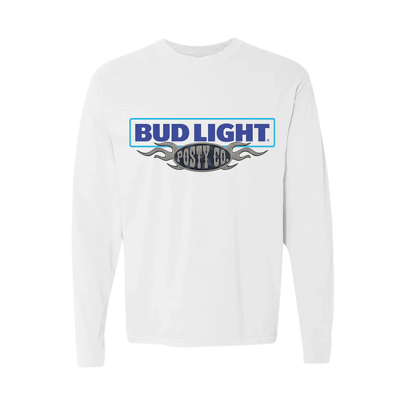 Post Malone Posty Co x Bud Light long sleeve front view in white featuring collaborative logo graphic and western inspired branding