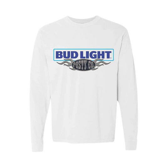 Post Malone Posty Co x Bud Light long sleeve front view in white featuring collaborative logo graphic and western inspired branding