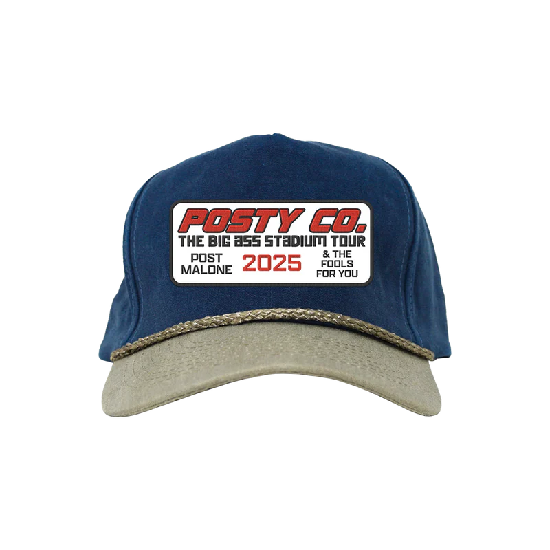 Post Malone Posty Co. denim patch hat front view in blue and khaki featuring Big Ass Stadium Tour 2025 logo patch and rope detail brim design